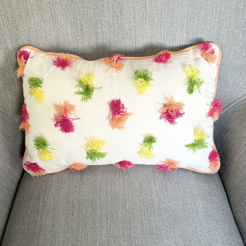 Pier 1 Imports Decorative Accent Throw‎ Pillow Colorful Poms Tassels Teen Patio